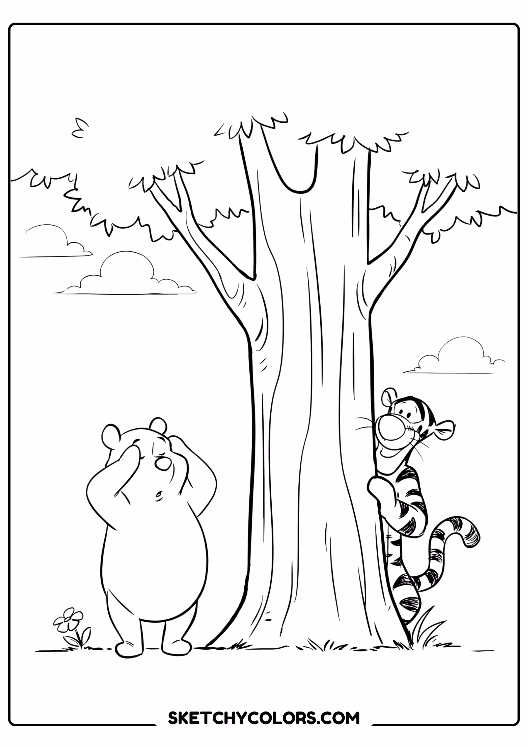 winnie the pooh coloring pages - hide and seek tree free printable PDF for kids