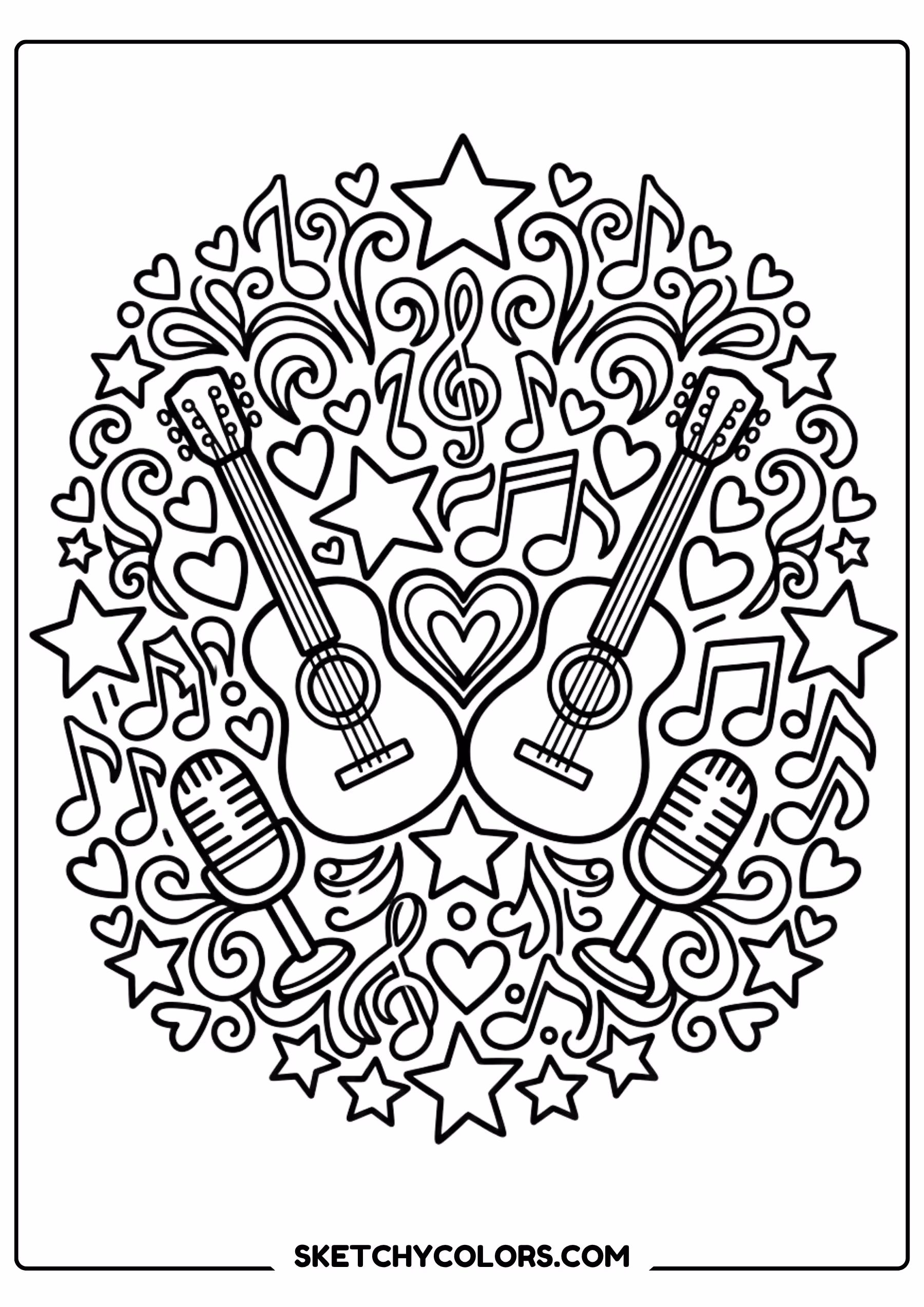 taylor swift coloring pages - guitars and hearts doodle free printable PDF for kids