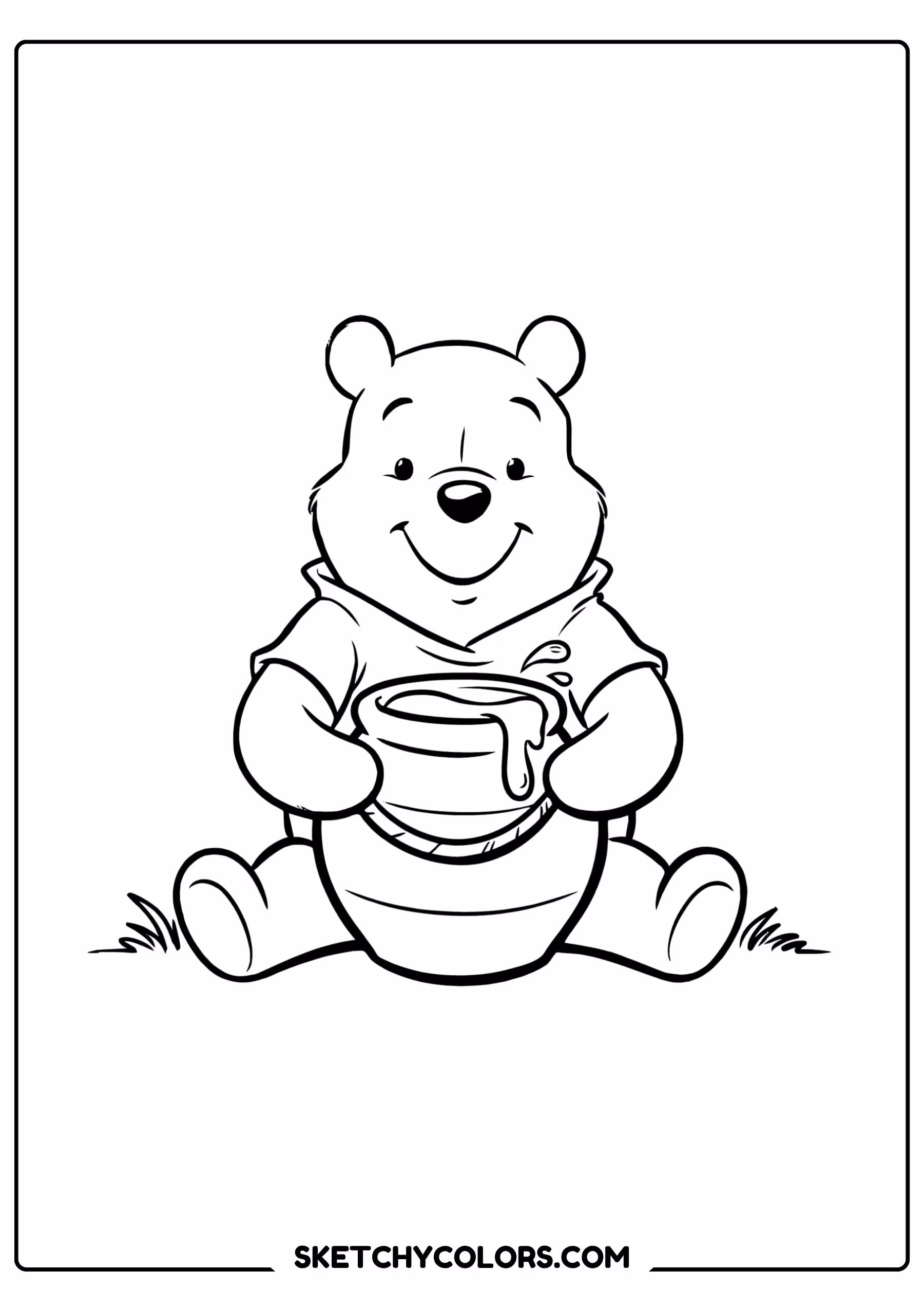 winnie the pooh coloring pages - smiling with the honey pot free printable PDF for kids